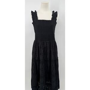 Quince Black Organic Cotton Eyelet Smocked Midi Dress Sleeveless Ruffled L NWT